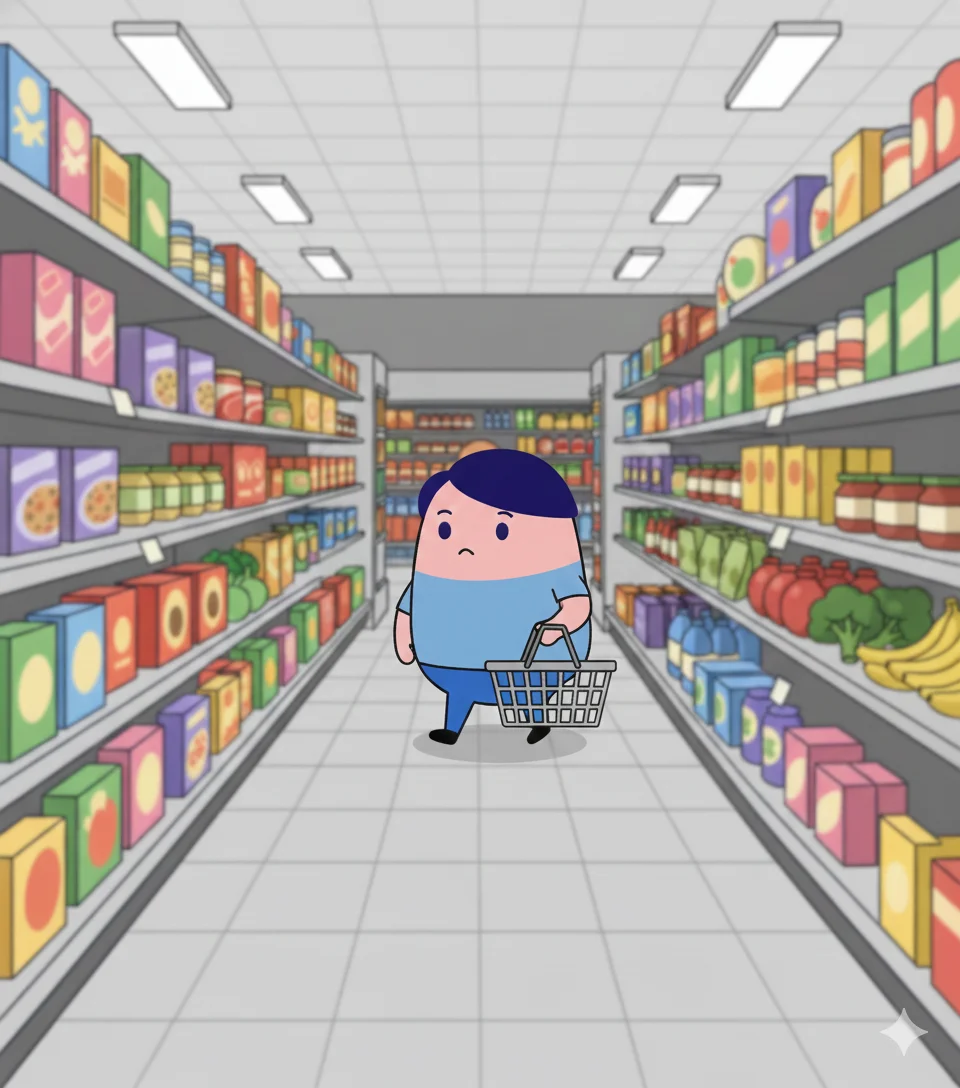 Person holding a grocery checklist while shopping in a supermarket aisle